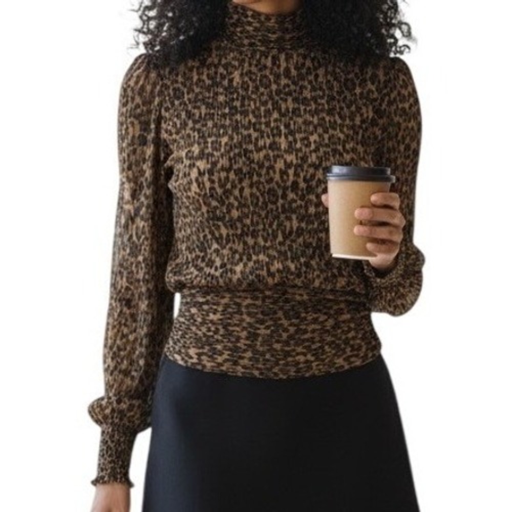 BAILEY‎ 44 Leopard Print Mock Neck Metallic Pleated Black Brown Blouse EUC XS